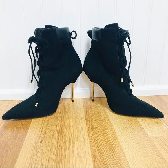 GOOD AMERICAN Black Suede Stiletto Lace Up Ankle Boot Bootie Hiking Size 5.5 New - Picture 5 of 11